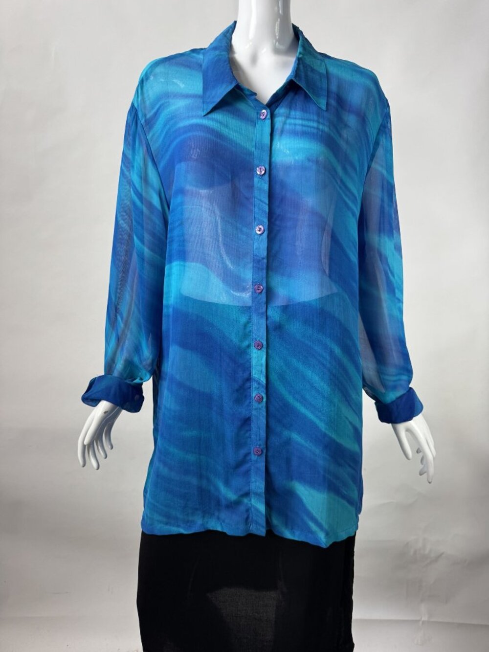 Sheer Blue Button-Up Blouse With Abstract Wave Print By Napa Studio Long Sleeve